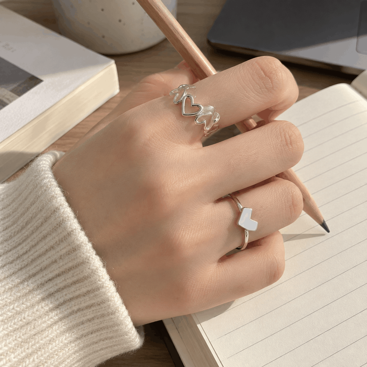 Silver Heart Ring Set